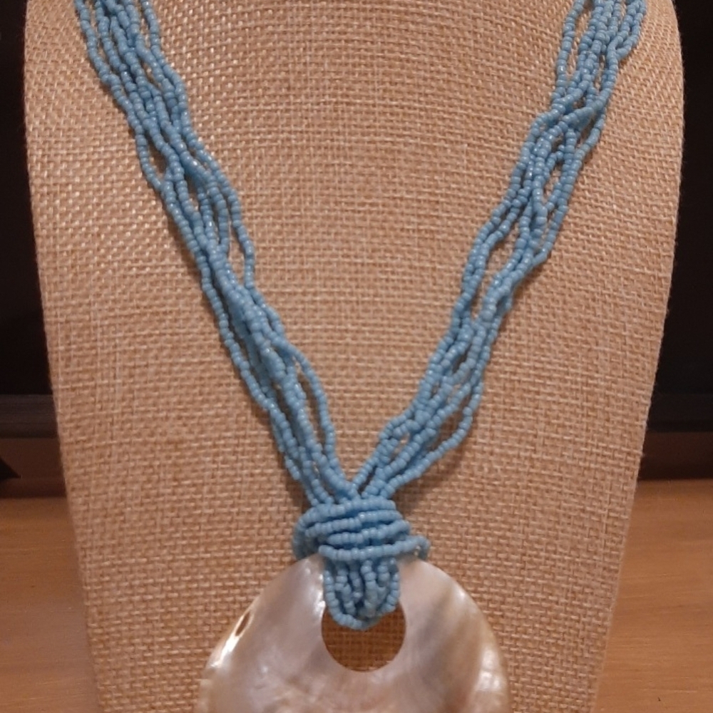 Blue Beaded Necklace with Mother of Pearl Pendant